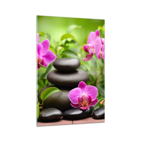 Obraz na szkle - Różowe orchidee z kamieniami na tle zieleni - 70x100cm - Piramida spokoju - Nowoczesna dekoracja ścienna do salonu i sypialni ARTTOR