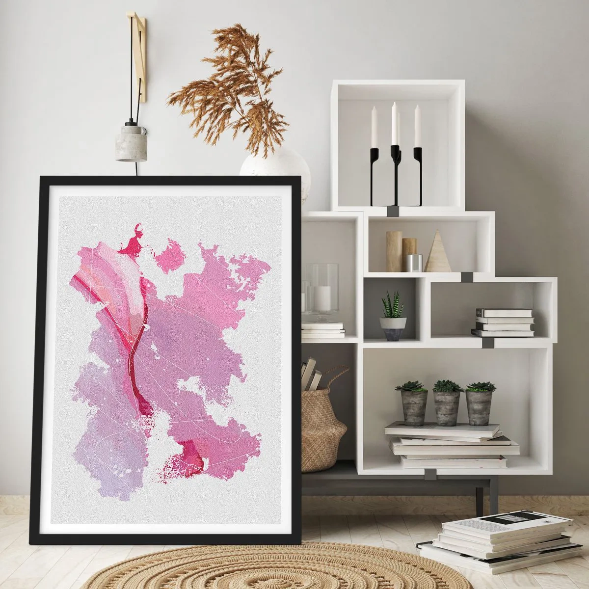 Plakat w czarnej ramie - Abstrakcyjna mapa w odcieniach różu i fioletu - 50x70cm - Mapa różowego świata - Nowoczesna dekoracja ścienna do salonu i sypialni ARTTOR