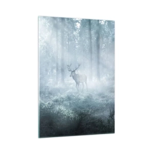 Obraz na szkle - Jeleń w mglistym lesie oświetlonym promieniami porannego słońca - 50x70cm - Poranny obchód włości - Nowoczesna dekoracja ścienna do salonu, kuchni i sypialni ARTTOR