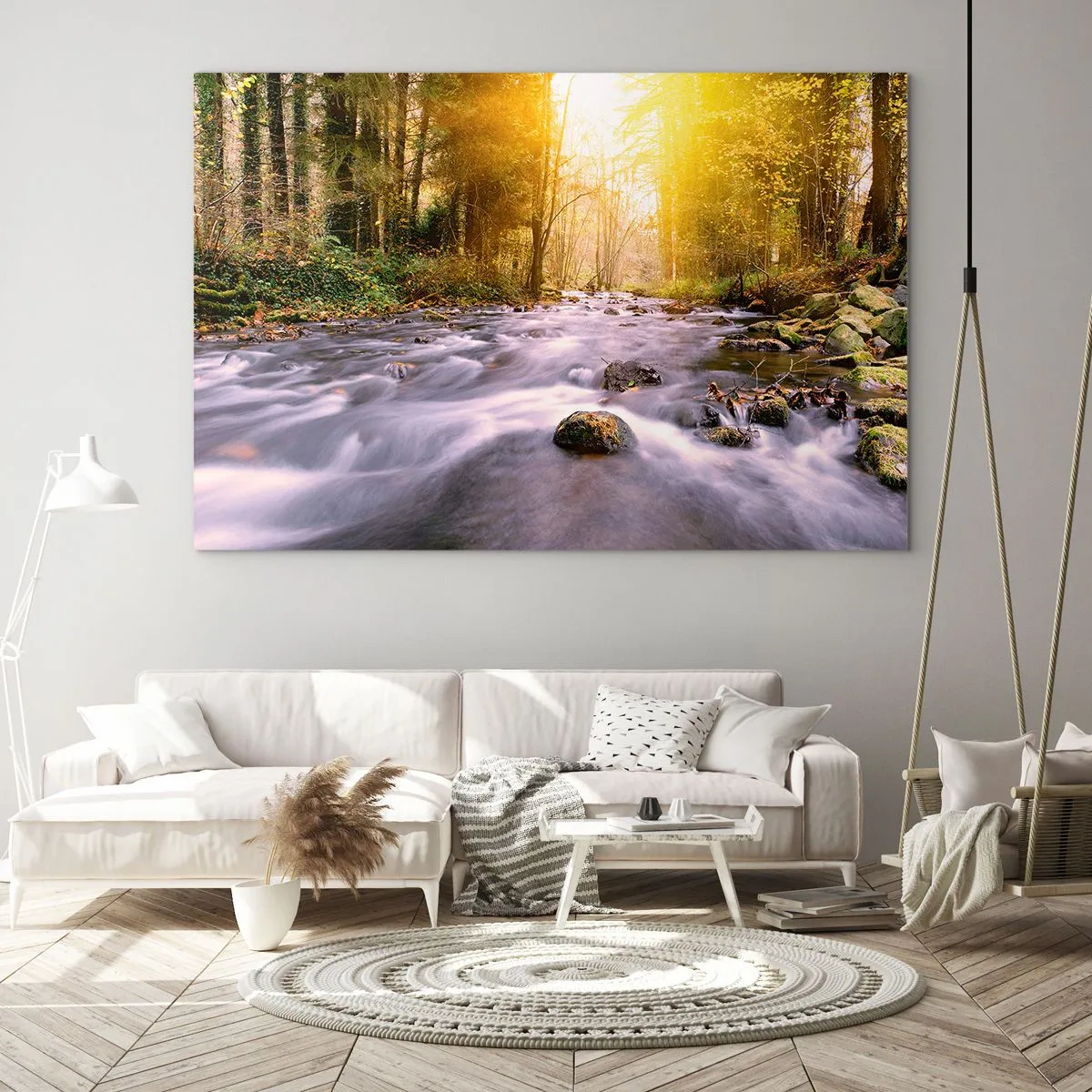 Obraz na szkle - Leśny strumień w blasku słońca - 70x50cm - Malachit w srebrno-złotej oprawie - Nowoczesna dekoracja ścienna do salonu i sypialni ARTTOR