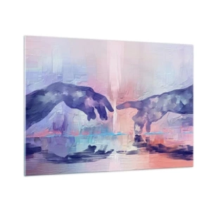 Obraz na szkle - Abstrakcyjne dłonie zbliżające się do siebie na tle pastelowym - 100x70cm - Boska iskra życia - Nowoczesna dekoracja ścienna do salonu, kuchni i sypialni ARTTOR
