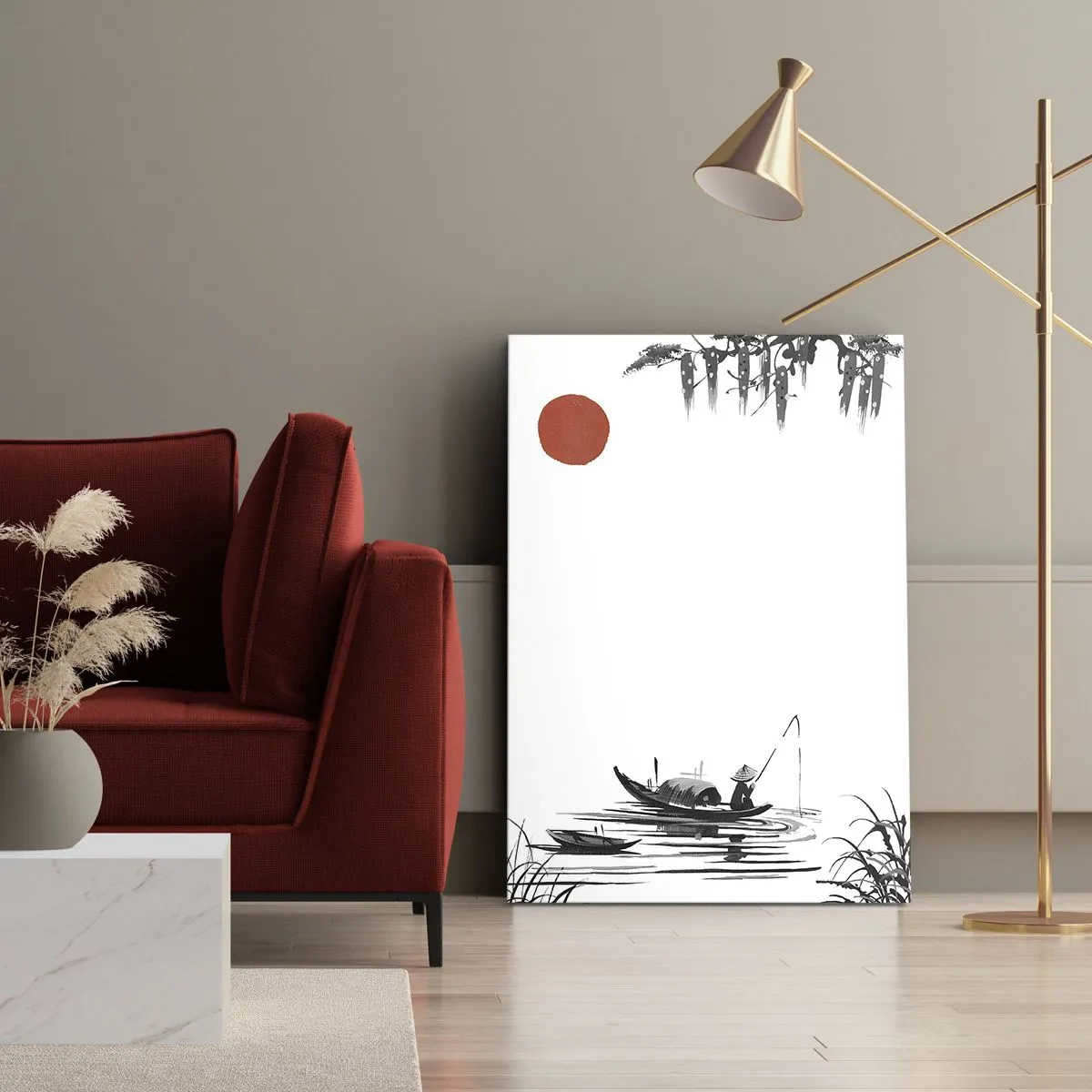 Obraz na płótnie - Minimalistyczna ilustracja rybaka na łodzi o wschodzie słońca - 50x70cm - Azjatyckie popołudnie - Nowoczesna dekoracja ścienna do salonu, kuchni i sypialni ARTTOR