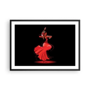 Plakat w czarnej ramie - Tancerka flamenco w czerwonej sukni na czarnym tle - 70x50cm - Ognisty duch flamenco - Nowoczesna dekoracja ścienna do salonu i sypialni ARTTOR