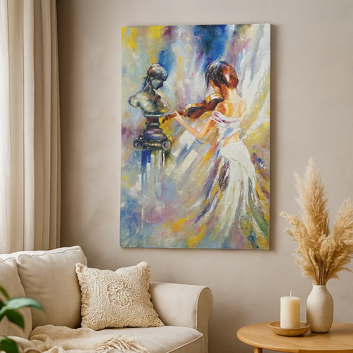 Obraz na płótnie - Kobieta w białej sukni grająca na skrzypcach przed popiersiem - 50x70cm - Ożywić uczuciem - Nowoczesna dekoracja ścienna do salonu, kuchni i sypialni ARTTOR