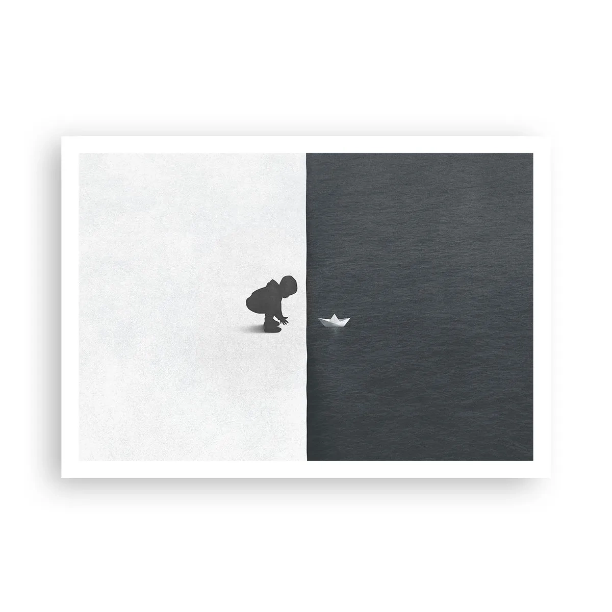 Plakat - Postać dziecka z papierową łódką na tle kontrastowych połówek - 100x70cm - Wielka wyprawa - Nowoczesna dekoracja ścienna do salonu i sypialni ARTTOR