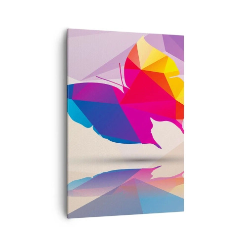 Obraz na płótnie - Geometryczna sylwetka motyla w żywych kolorach - 70x100cm - Motyla tęcza - Nowoczesna dekoracja ścienna do salonu i sypialni ARTTOR