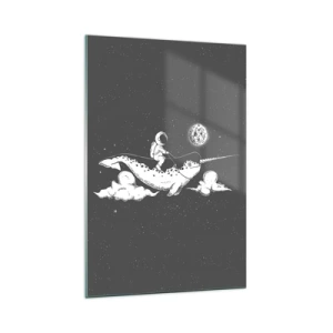 Obraz na szkle - Astronauta na grzbiecie narwala unoszącego się w kosmicznej scenerii - 70x100cm - Kosmiczny jeździec - Nowoczesna dekoracja ścienna do salonu i sypialni ARTTOR