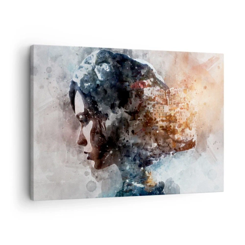 Obraz na płótnie - Portret kobiety łączący twarz z miejskim krajobrazem w tle - 70x50cm - Opowieść o dziewczynie z miastem w tle - Nowoczesna dekoracja ścienna do salonu i sypialni ARTTOR