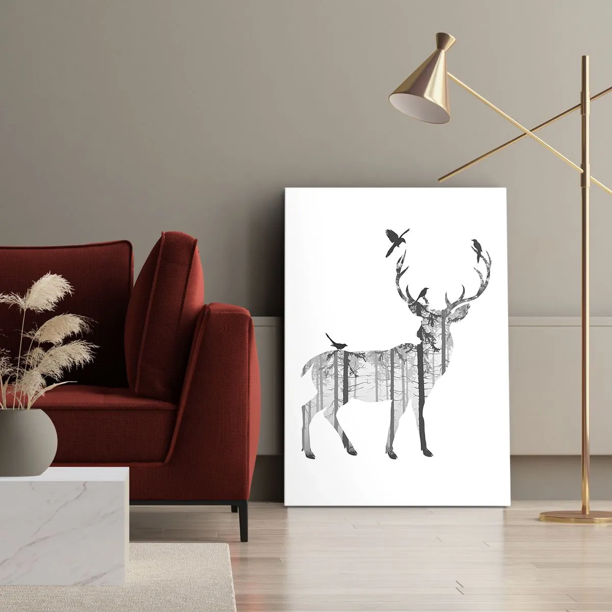 Obraz na płótnie - Sylwetka jelenia z lasem w tle i ptakami na porożu w czerni i bieli - 50x70cm - Dobry duch lasu - Nowoczesna dekoracja ścienna do salonu, kuchni i sypialni ARTTOR