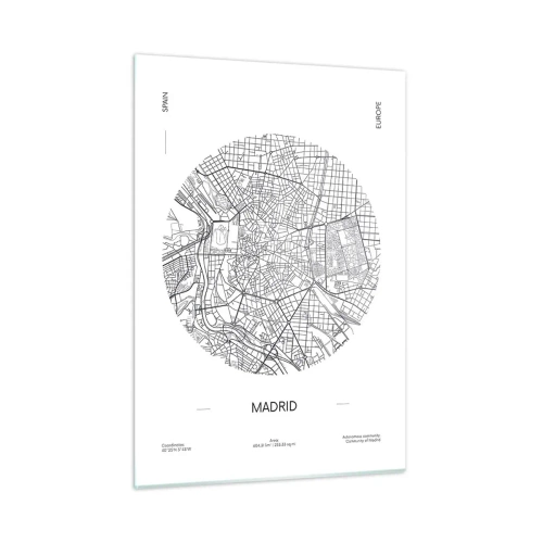 Obraz na szkle - Czarno-biała minimalistyczna mapa Madrytu w formie koła - 50x70cm - Anatomia Madrytu - Nowoczesna dekoracja ścienna do salonu, kuchni i sypialni ARTTOR