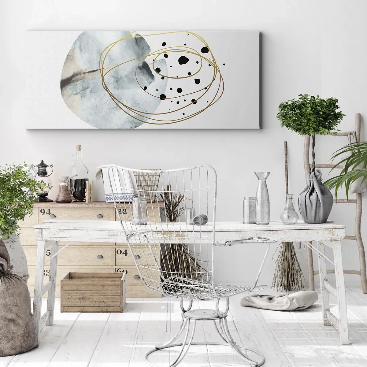 Obraz na płótnie - Minimalistyczna abstrakcja z geometrycznym wzorem i złotymi liniami - 160x50cm - W objęciach przestrzeni - Nowoczesna dekoracja ścienna do salonu i sypialni ARTTOR
