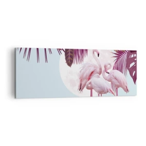 Obraz na płótnie - Różowe flamingi na tle księżyca i tropikalnych liści - 140x50cm - Trzy ptasie gracje - Nowoczesna dekoracja ścienna do salonu i sypialni ARTTOR