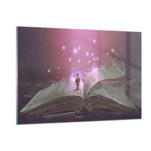 Obraz na szkle - Otwartą księgę, z której unosi się magiczne światło i gwiazdy - 120x80cm - Zaproszenie do innego świata - przeczytaj! - Nowoczesna dekoracja ścienna do salonu, kuchni i sypialni ARTTOR