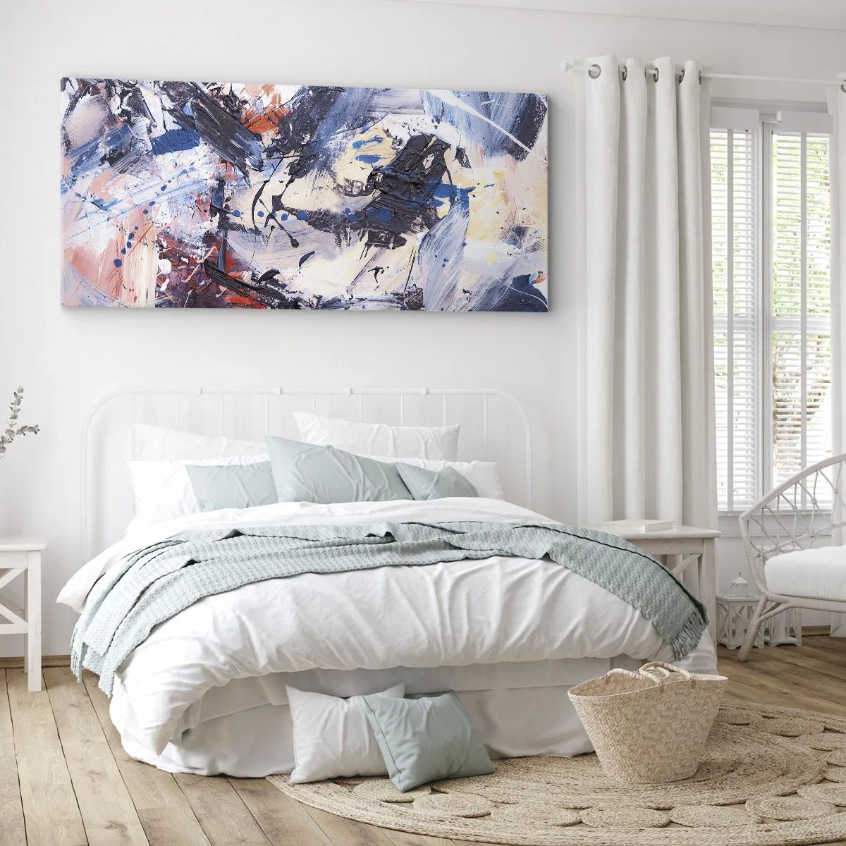 Obraz na płótnie - Abstrakcja z dynamicznymi pociągnięciami pędzla w kolorach błękitu i czerwieni - 140x50cm - Szalony taniec abstrakcji - Nowoczesna dekoracja ścienna do salonu i sypialni ARTTOR