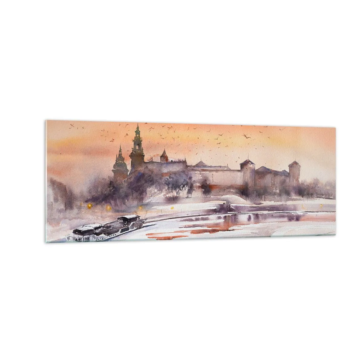 Obraz na szkle - Zachód słońca nad zamkiem w zimowej scenerii - 140x50cm - Królewski zachód słońca - Nowoczesna dekoracja ścienna do salonu i sypialni ARTTOR