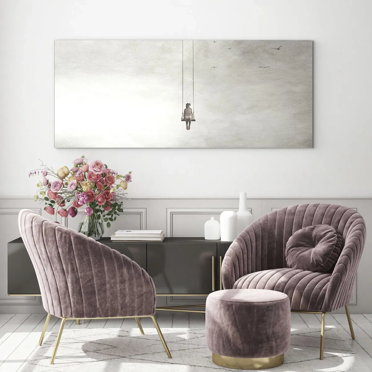 Obraz na szkle - Postać na huśtawce zawieszonej w przestrzeni - 140x50cm - Dziecko w nas - Nowoczesna dekoracja ścienna do salonu i sypialni ARTTOR