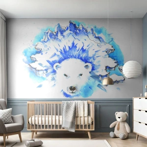 Fototapeta Standard Eco - Biały niedźwiedź na tle lodowca w artystycznej ilustracji - 100x70cm - Król Arktyki w lodowej koronie - Nowoczesna dekoracja ścienna do salonu i sypialni ARTTOR