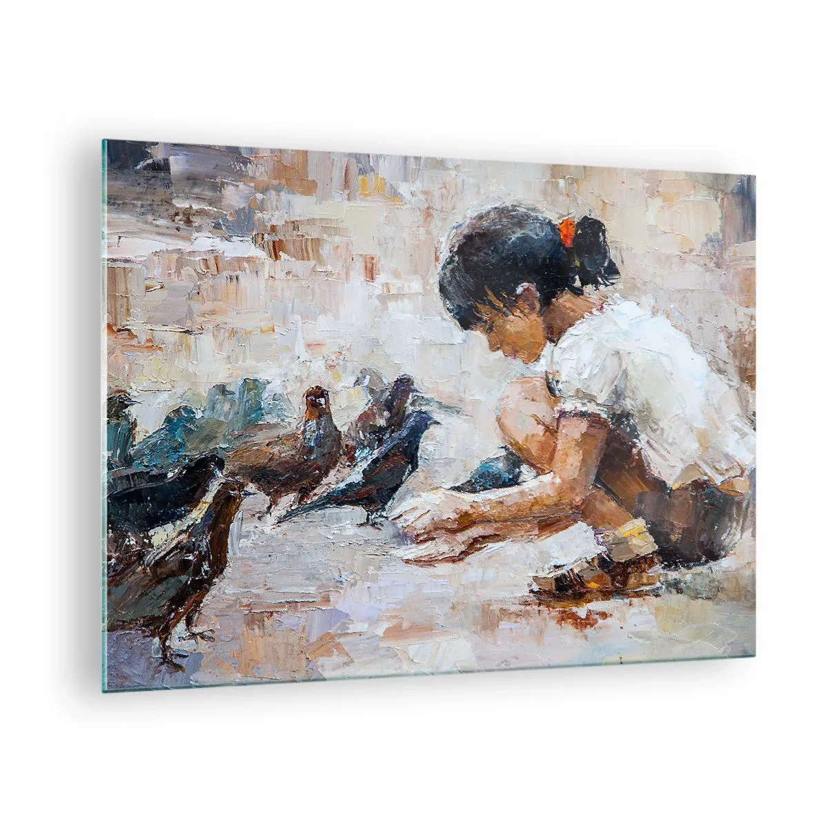 Obraz na szkle - Dziewczynka karmiąca ptaki na tle impresjonistycznym - 70x50cm - Maluczcy i najmilsi - Nowoczesna dekoracja ścienna do salonu i sypialni ARTTOR
