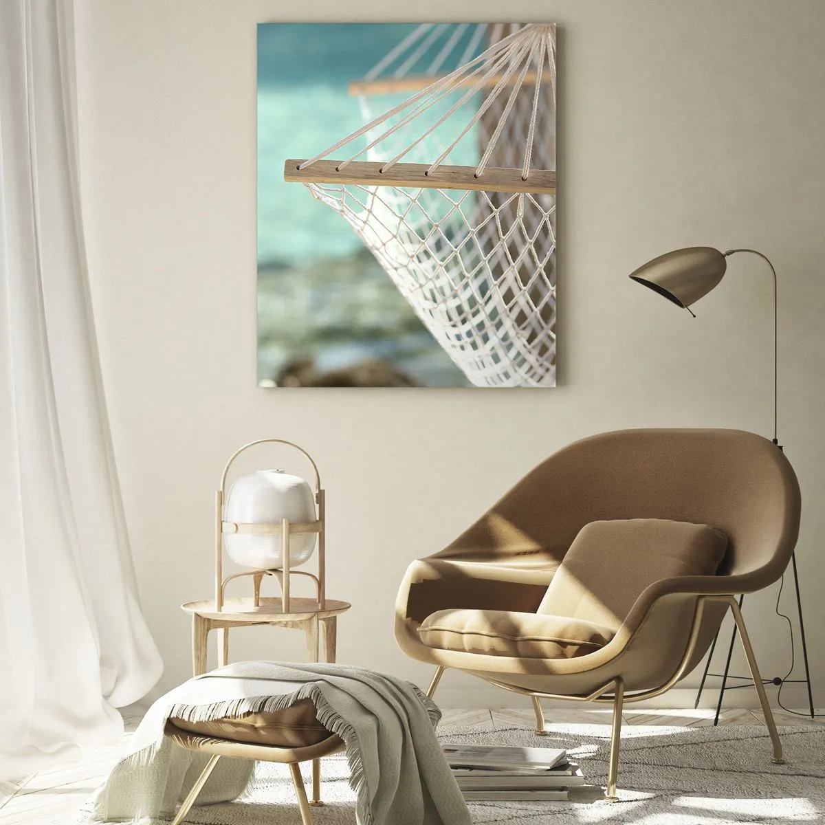 Obraz na szkle - Hamak z widokiem na krystalicznie czyste turkusowe wody - 50x70cm - Czas relaksu - Nowoczesna dekoracja ścienna do salonu, kuchni i sypialni ARTTOR