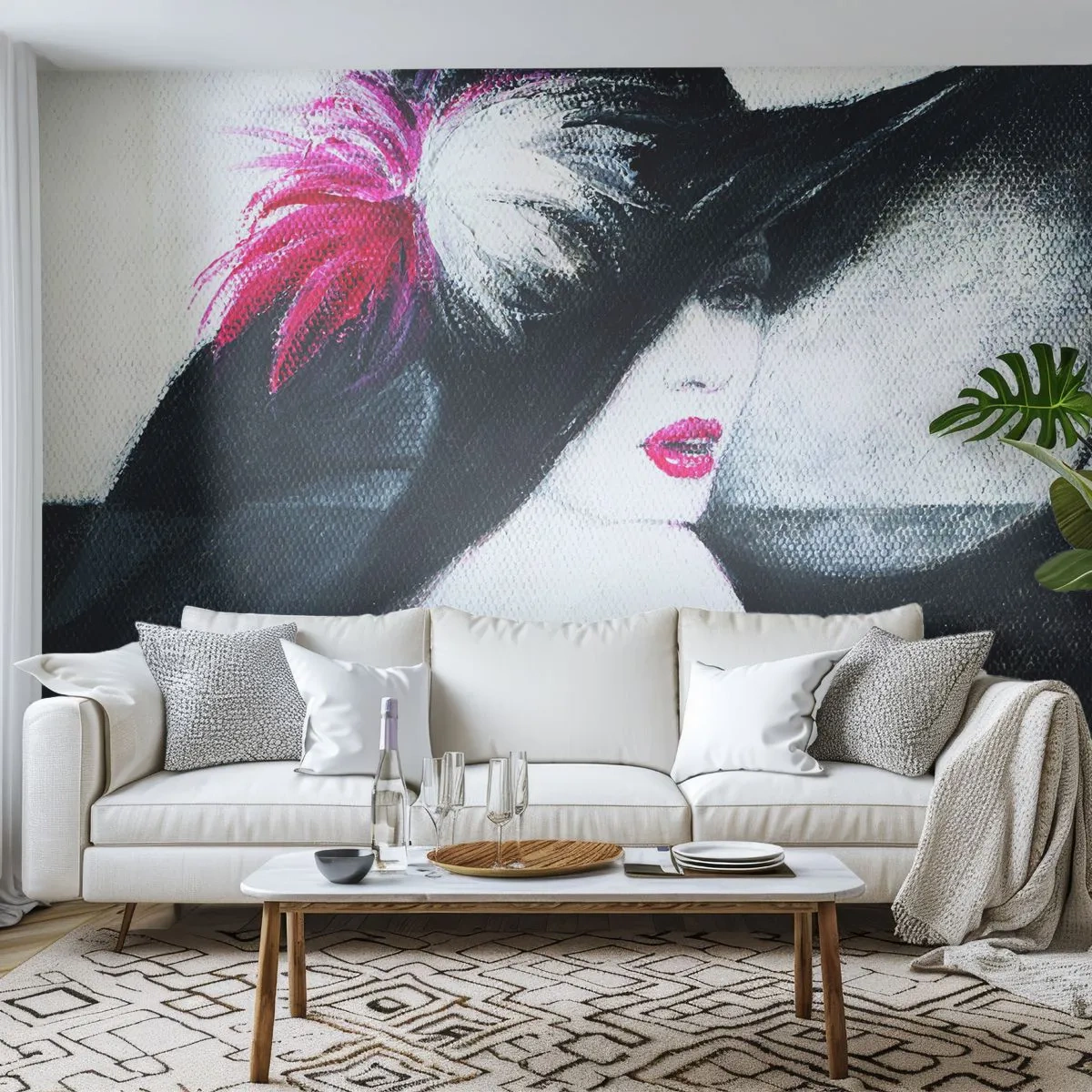 Fototapeta Premium Canvas - Zawsze tajemnica - Kobieta W Kapeluszu, Twarz Kobiety, Czerwone Usta - 300x210 cm