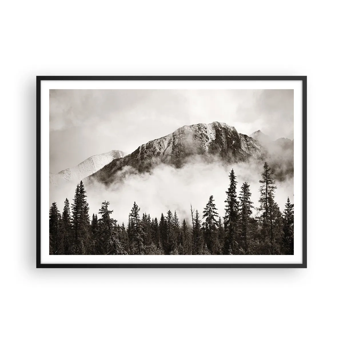 Plakat w czarnej ramie - Malowniczy szczyt górski otoczony mgłą i lasem w odcieniach sepia - 100x70cm - Granitowy władca - Nowoczesna dekoracja ścienna do salonu i sypialni ARTTOR