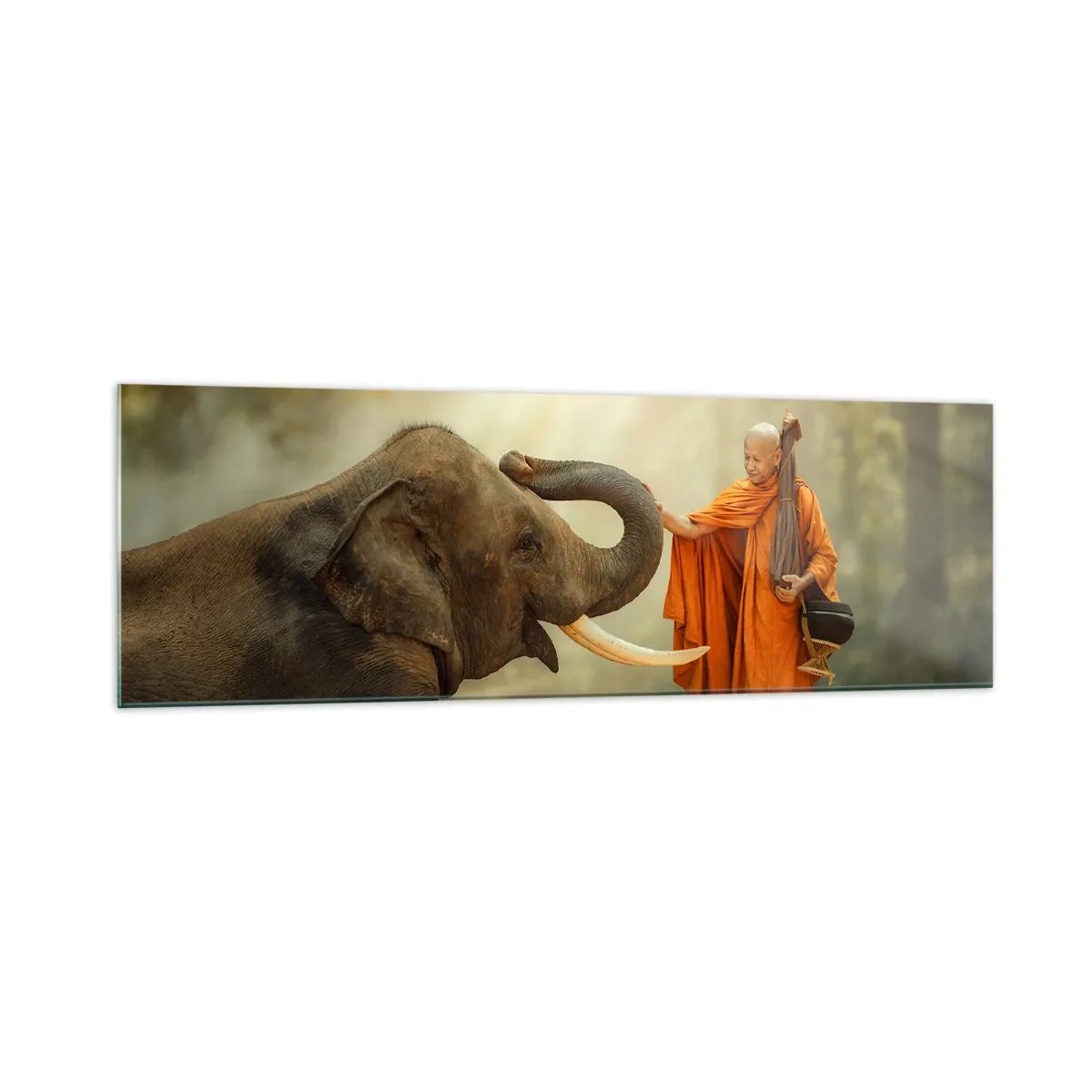 Obraz na szkle - Mnich i słoń w harmonii na tle natury - 160x50cm - Spotkanie w podróży - Nowoczesna dekoracja ścienna do salonu i sypialni ARTTOR