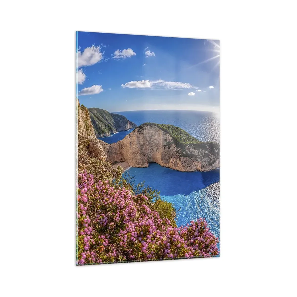 Obraz na szkle - Klif z kwiatami, turkusowe morze i słoneczny grecki krajobraz - 80x120cm - Moje wielkie greckie wakacje - Nowoczesna dekoracja ścienna do salonu i sypialni ARTTOR