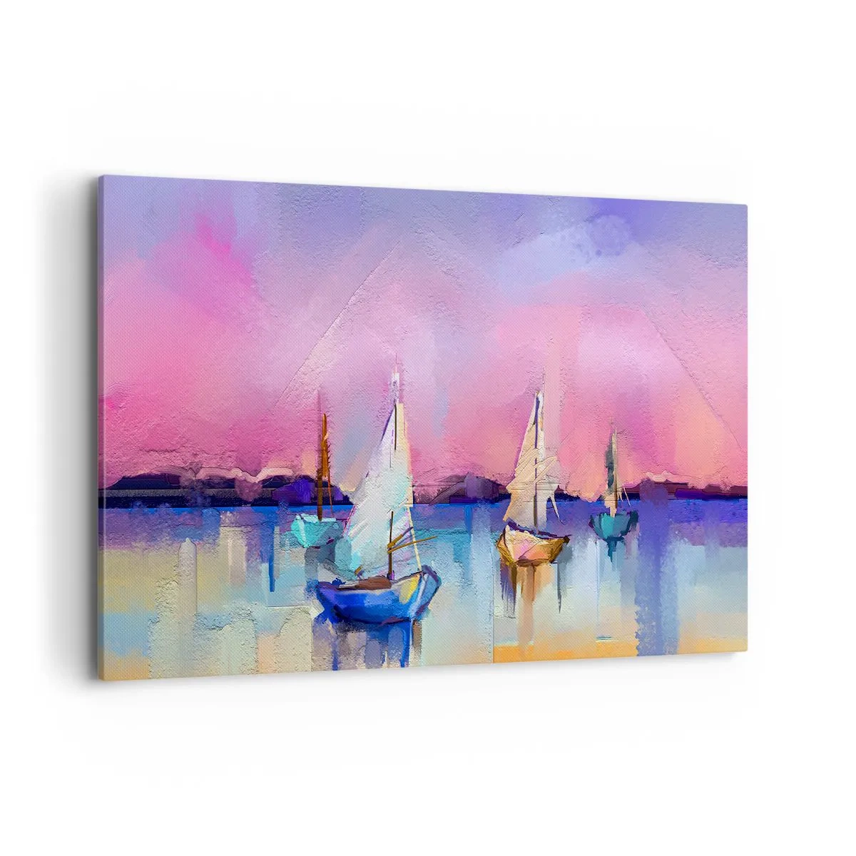 Obraz na płótnie - Żaglówki na spokojnym morzu w pastelowych kolorach zachodu - 100x70cm - Kierunek: szerokie wody - Nowoczesna dekoracja ścienna do salonu, kuchni i sypialni ARTTOR