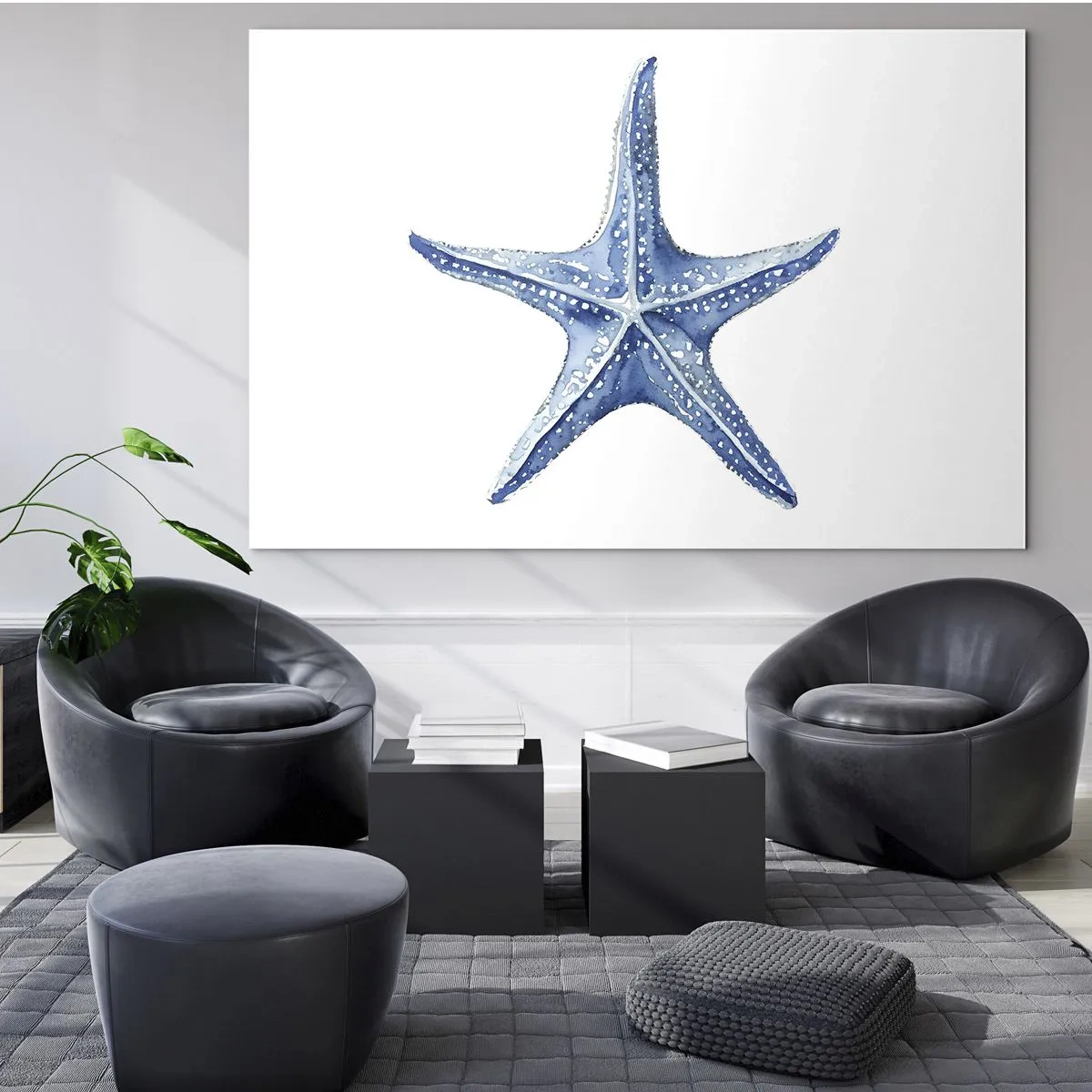 Obraz na szkle - Niebieska rozgwiazda na białym tle w stylu akwareli - 70x50cm - Gwiazda morza - Nowoczesna dekoracja ścienna do salonu i sypialni ARTTOR
