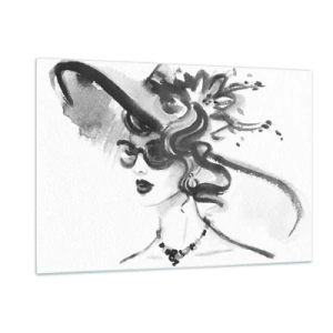 Obraz na szkle - Czarno-biały portret kobiety w kapeluszu - 120x80cm - Dama z charakterem - Nowoczesna dekoracja ścienna do salonu, kuchni i sypialni ARTTOR