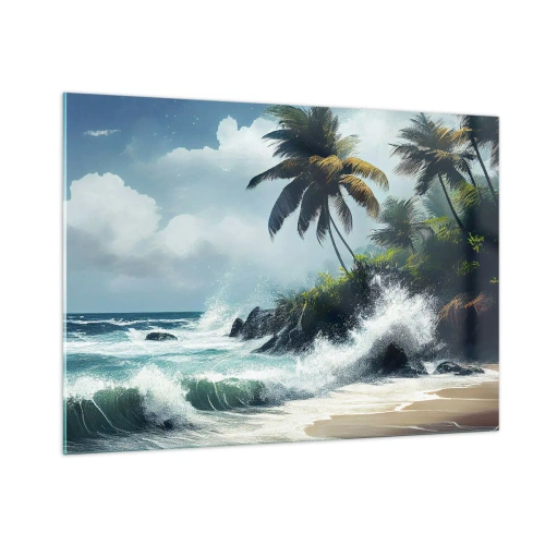 Obraz na szkle - Fale uderzające o skały przy palmach na tropikalnej plaży - 100x70cm - Na tropikalnym brzegu - Nowoczesna dekoracja ścienna do salonu, kuchni i sypialni ARTTOR