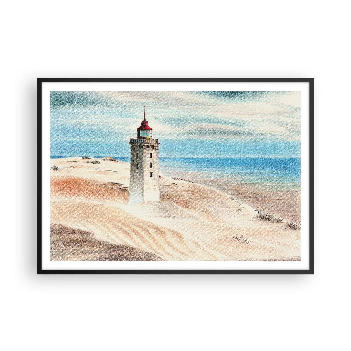 Plakat w czarnej ramie - Latarnia morska w otoczeniu piaszczystych wydm i błękitnego nieba - 100x70cm - Zawsze wpatrzona w morze - Nowoczesna dekoracja ścienna do salonu i sypialni ARTTOR