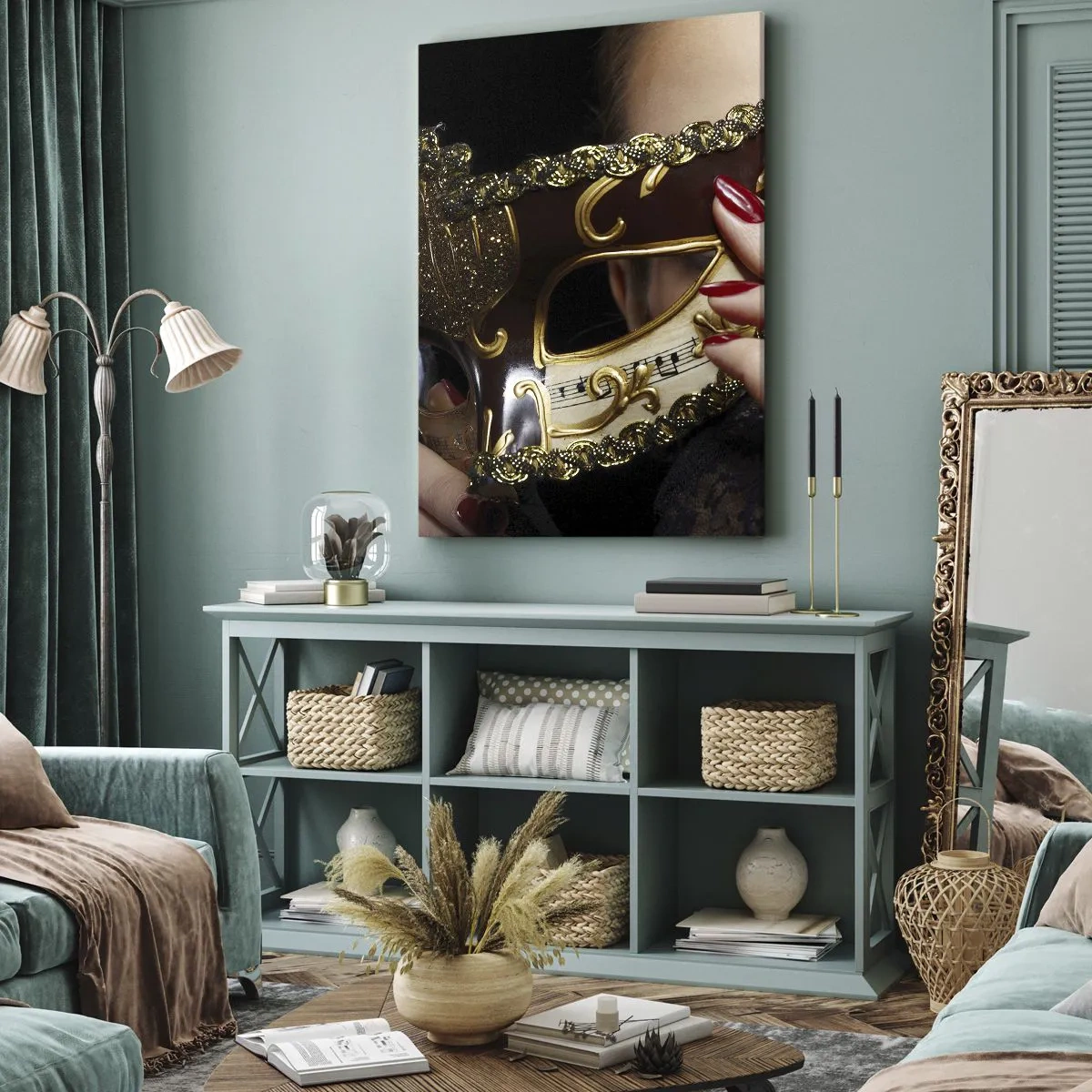 Obraz na płótnie - Złota maska wenecka z nutami muzycznymi - 50x70cm - Mój świat jest barokowy - Nowoczesna dekoracja ścienna do salonu, kuchni i sypialni ARTTOR