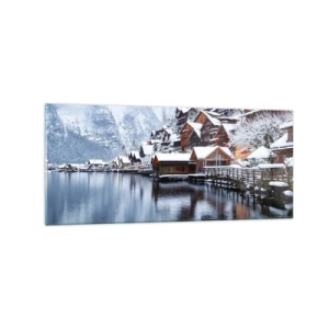 Obraz na szkle - Zimowy widok na górską miejscowość nad jeziorem - 120x50cm - W zimowej dekoracji - Nowoczesna dekoracja ścienna do salonu i sypialni ARTTOR