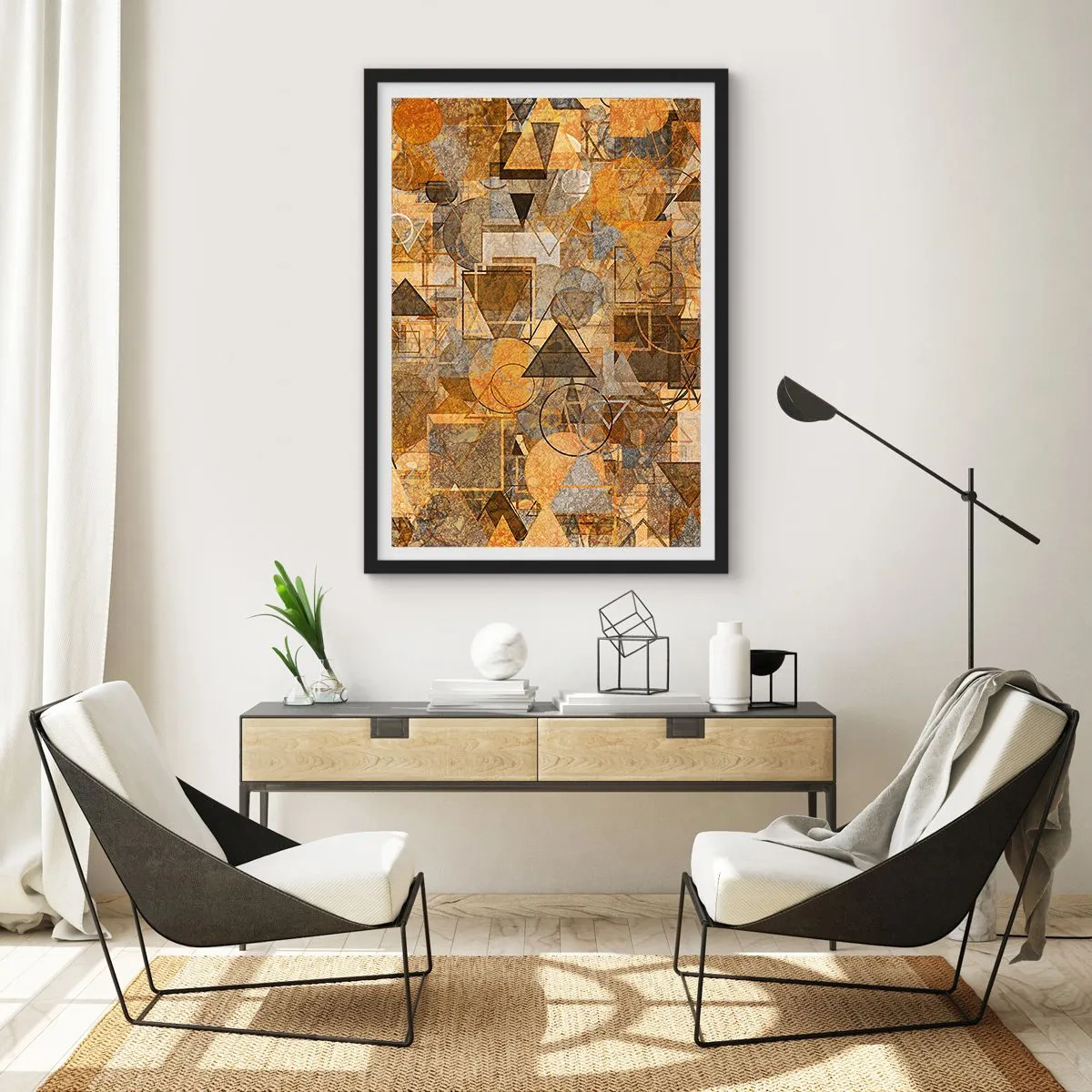 Plakat w czarnej ramie - Złota abstrakcyjna kompozycja geometryczna - 50x70cm - Świat ujęty w formę - Nowoczesna dekoracja ścienna do salonu i sypialni ARTTOR