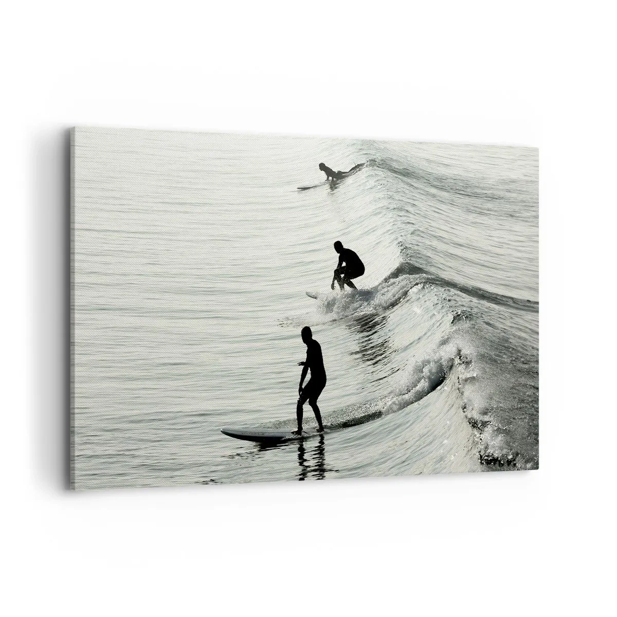 Obraz na płótnie - Surferzy na falach w monochromatycznym ujęciu - 120x80cm - Na spotkanie fali - Nowoczesna dekoracja ścienna do salonu, kuchni i sypialni ARTTOR