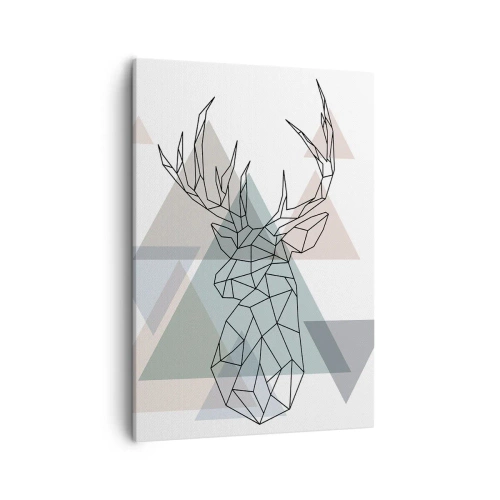 Obraz na płótnie - Geometryczna ilustracja jelenia na tle pastelowych trójkątów - 50x70cm - W geometrycznym lesie - Nowoczesna dekoracja ścienna do salonu, kuchni i sypialni ARTTOR