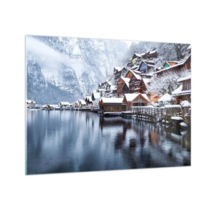 Obraz na szkle - Górska wioska nad jeziorem otulona śniegiem w zimowym pejzażu - 70x50cm - W zimowej dekoracji - Nowoczesna dekoracja ścienna do salonu i sypialni ARTTOR
