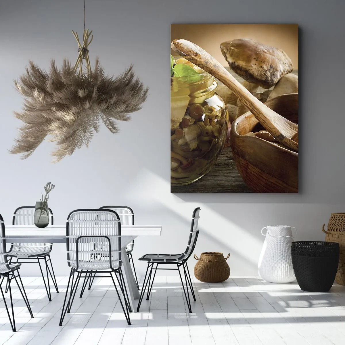 Obraz na płótnie - Naturalne grzyby w słoiku na rustykalnym stole - 80x120cm - Czy świeży, czy solony, czy jesiennej pory... - Nowoczesna dekoracja ścienna do salonu i sypialni ARTTOR