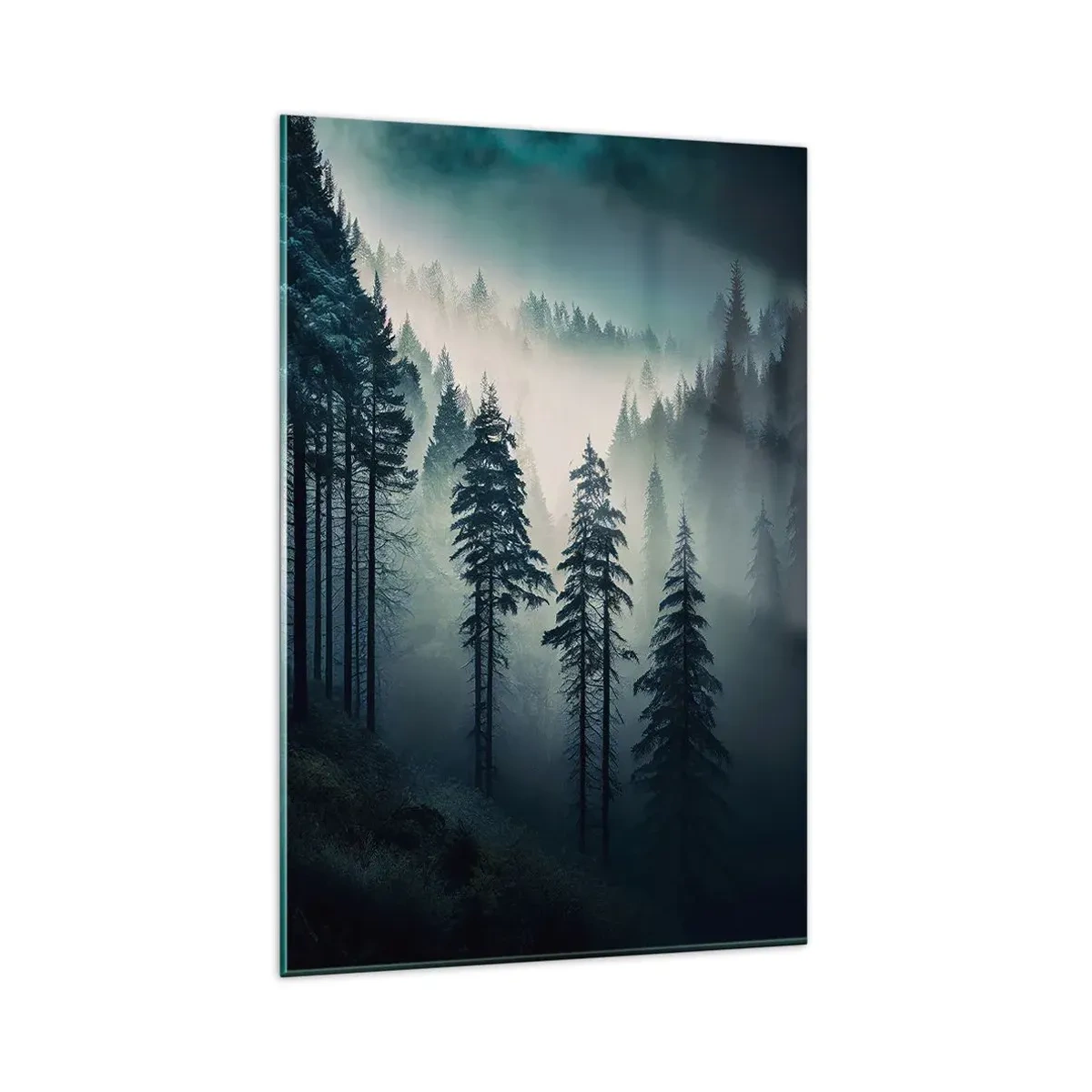 Obraz na szkle - Górski las spowity mgłą w odcieniach niebieskiego i zieleni - 80x120cm - Górski poranek - Nowoczesna dekoracja ścienna do salonu i sypialni ARTTOR