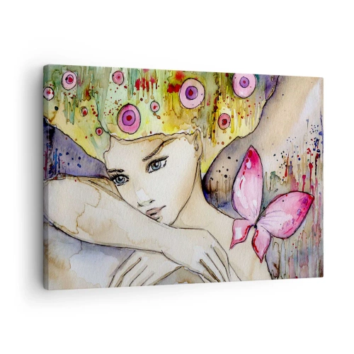 Obraz na płótnie - Kobieta z abstrakcyjną fryzurą i różowym motylem - 70x50cm - Motyla księżniczka - Nowoczesna dekoracja ścienna do salonu i sypialni ARTTOR
