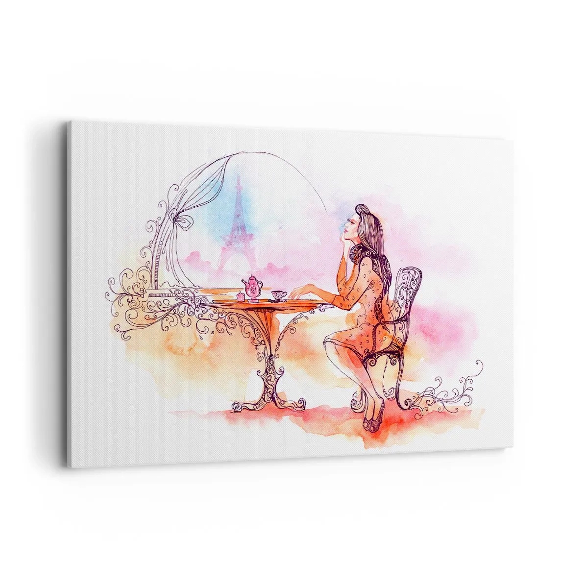 Obraz na płótnie - Romantyczna akwarela kobiety w kawiarni z widokiem na wieżę - 120x80cm - Paryski szyk - Nowoczesna dekoracja ścienna do salonu, kuchni i sypialni ARTTOR
