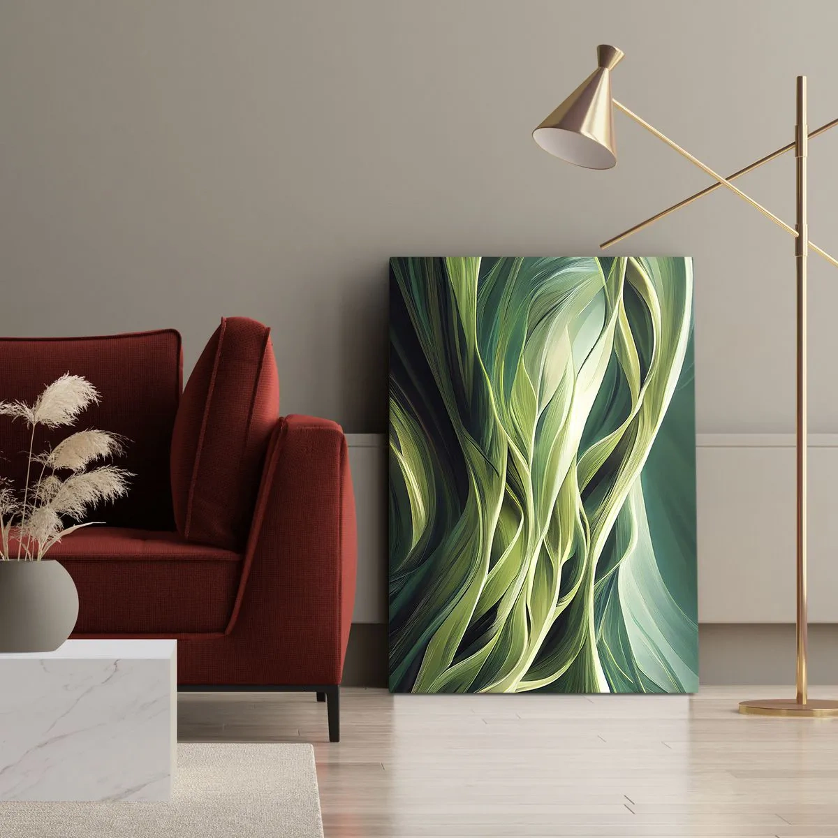 Obraz na płótnie - Dynamika zielonych liści tworzących abstrakcyjną, organiczną kompozycję - 50x70cm - Abstrakcyjna gra w zielone - Nowoczesna dekoracja ścienna do salonu, kuchni i sypialni ARTTOR