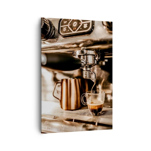 Obraz na płótnie - Ekspres do kawy nalewający aromatyczne espresso do szklanej filiżanki - 70x100cm - Blask kawy - Nowoczesna dekoracja ścienna do salonu i sypialni ARTTOR