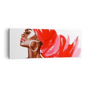Obraz na płótnie - Profil kobiety z czerwonym turbanem i kolczykami - 140x50cm - "Jest wiatr, co nozdrza mężczyzny rozchyla" - Nowoczesna dekoracja ścienna do salonu i sypialni ARTTOR