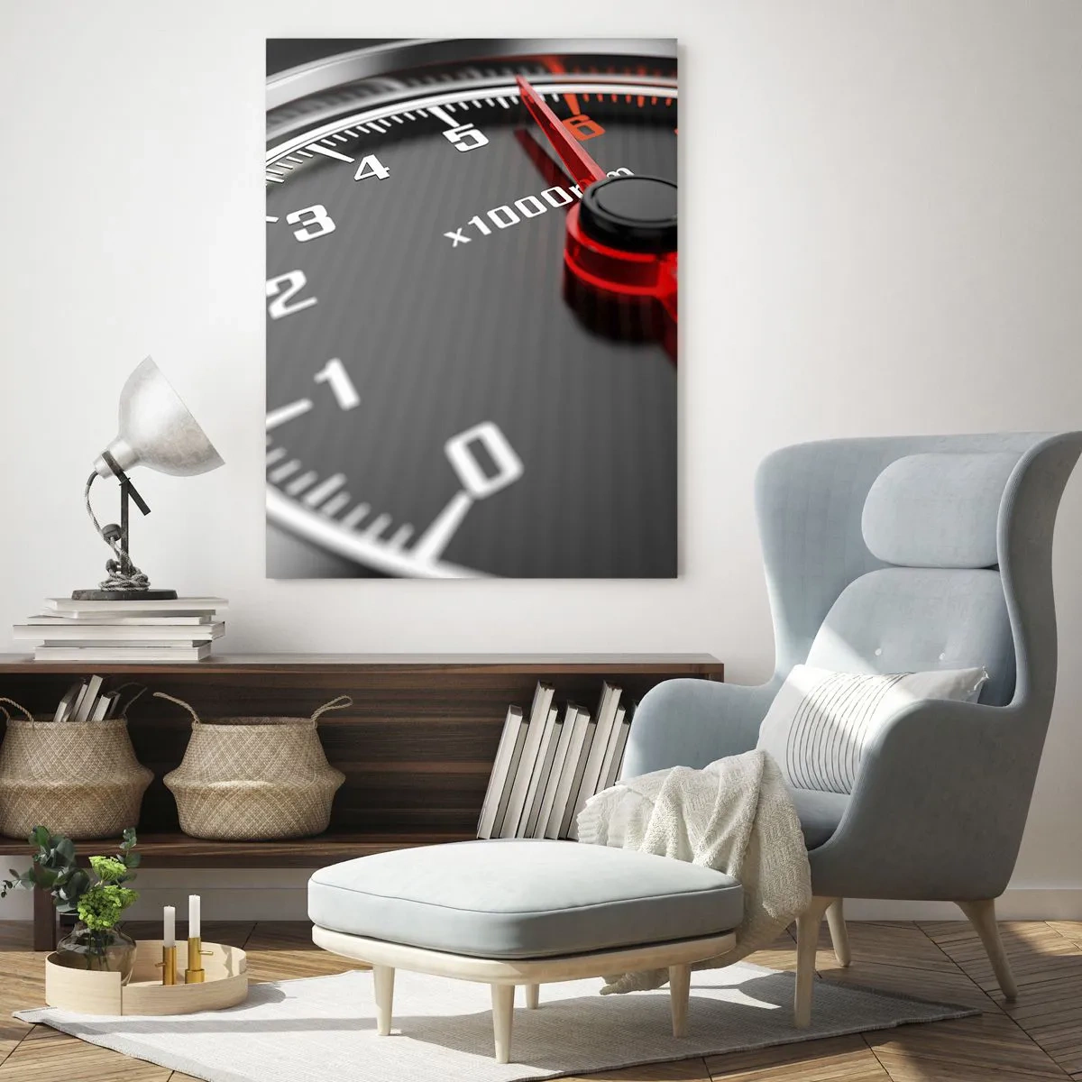 Obraz na szkle - Obrotomierz w sportowym samochodzie z czerwonym wskazaniem - 50x70cm - Gaz do dechy - Nowoczesna dekoracja ścienna do salonu, kuchni i sypialni ARTTOR