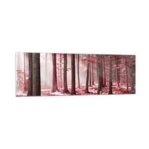Obraz na szkle - Zachwycający las w czerwonych barwach z promieniami światła przenikającymi przez drzewa - 160x50cm - Czerwony równie piękny - Nowoczesna dekoracja ścienna do salonu i sypialni ARTTOR