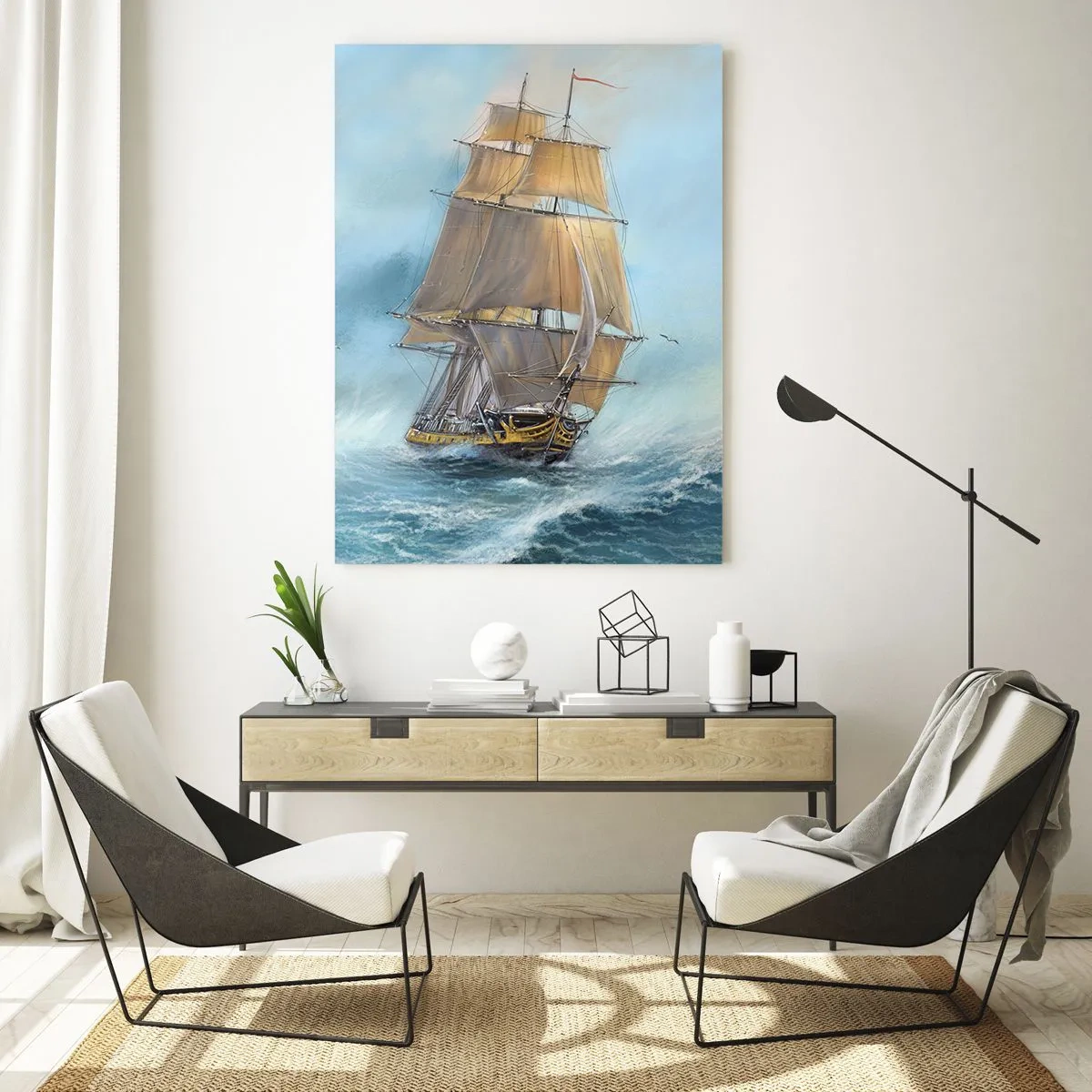 Obraz na szkle - Żaglowiec na wzburzonym morzu w malarskim stylu - 50x70cm - Mknący po falach - Nowoczesna dekoracja ścienna do salonu, kuchni i sypialni ARTTOR