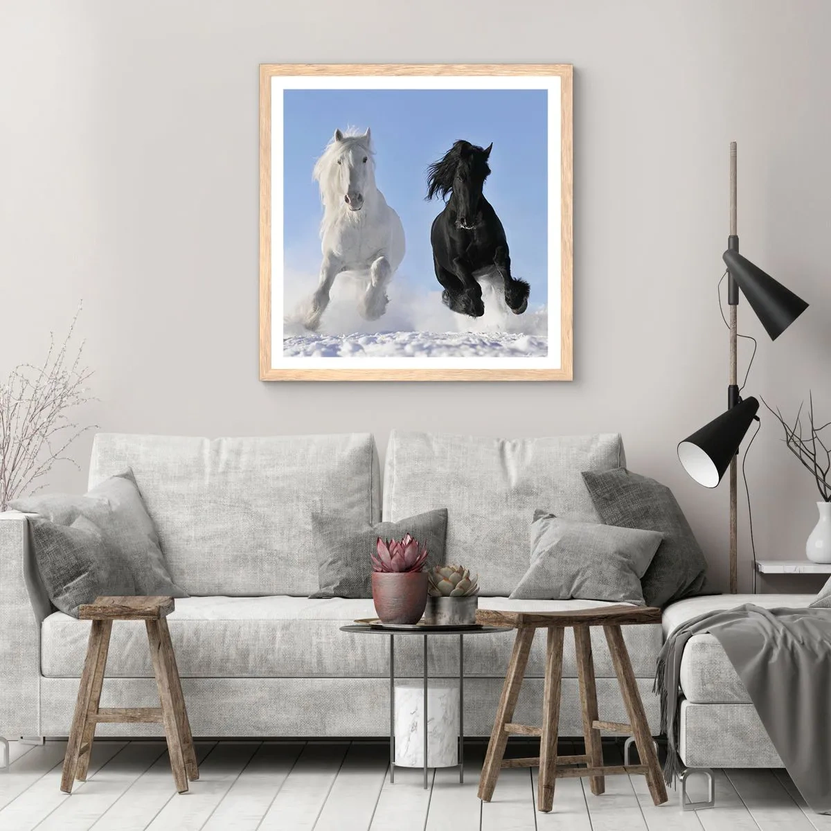 Plakat w ramie jasny dąb - Czarno-biały galop - 30x30 cm