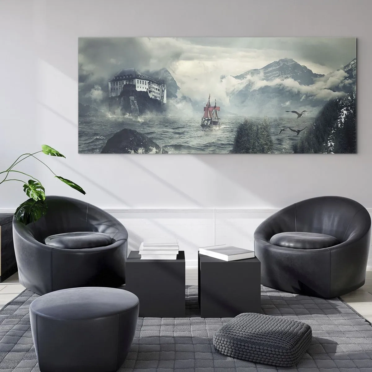 Obraz na szkle - Tajemniczy krajobraz z zamkiem, górami i statkiem - 120x50cm - Na magicznych wodach - Nowoczesna dekoracja ścienna do salonu i sypialni ARTTOR